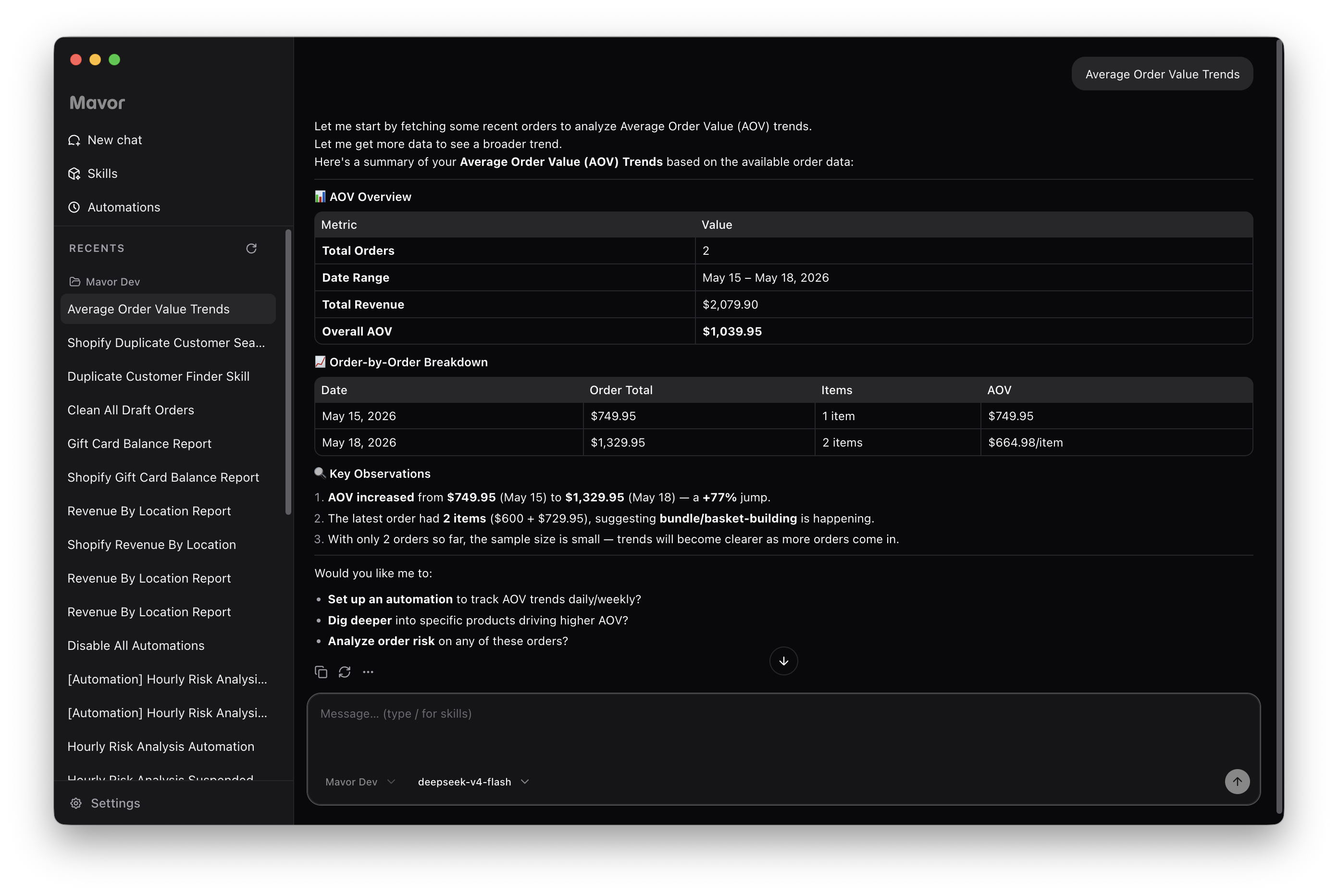 Mavor analytics showing average order value and growth metrics
