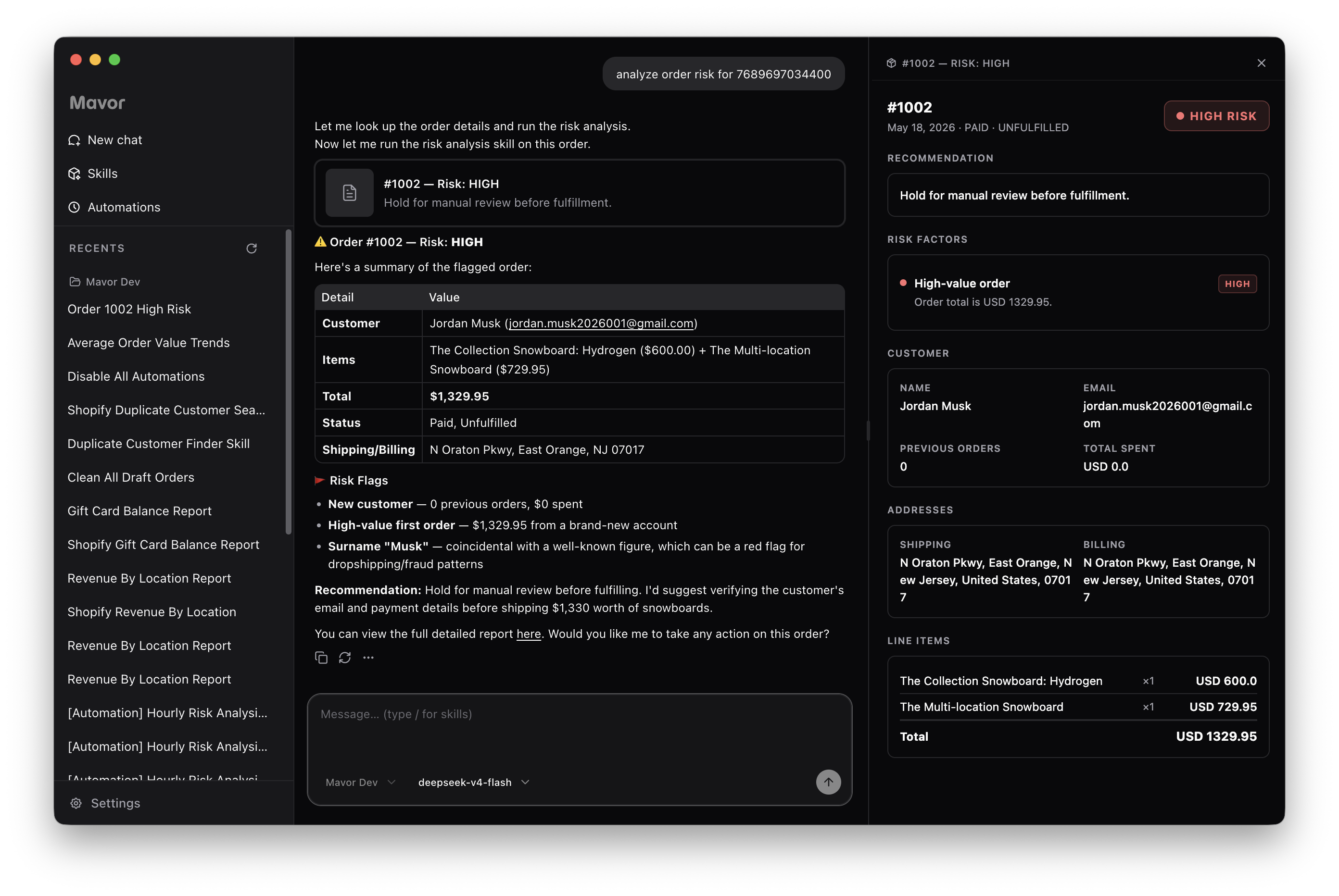 Mavor analyzing order risk and providing fraud detection insights
