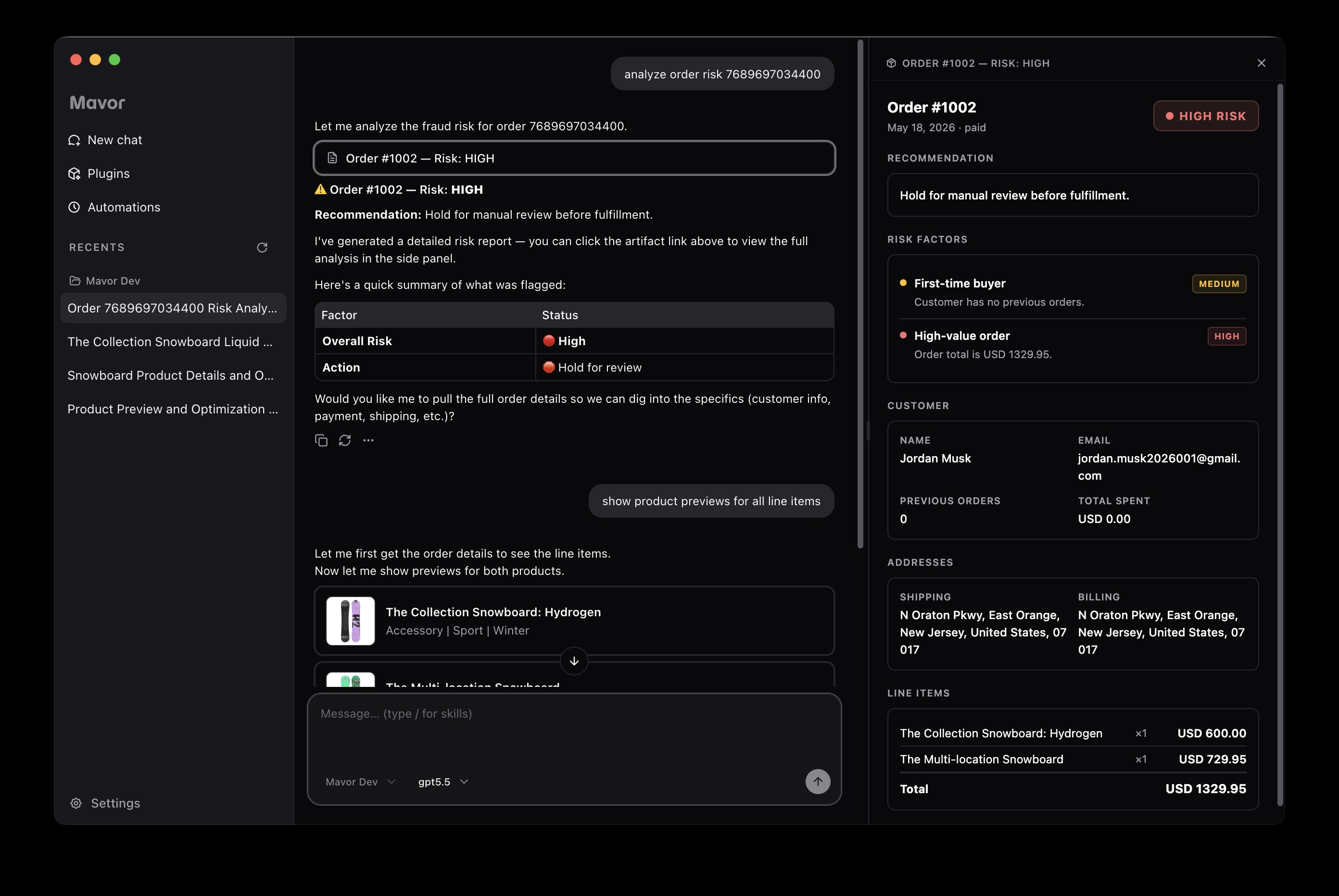 Mavor operator analyzing an order, flagging fraud risk, and surfacing order details with line items
